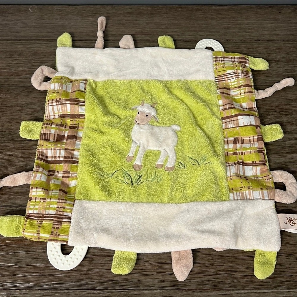 Maison Chic Lamb Baby Security Blanket Lovey Green Plaid Tags Teether 60830